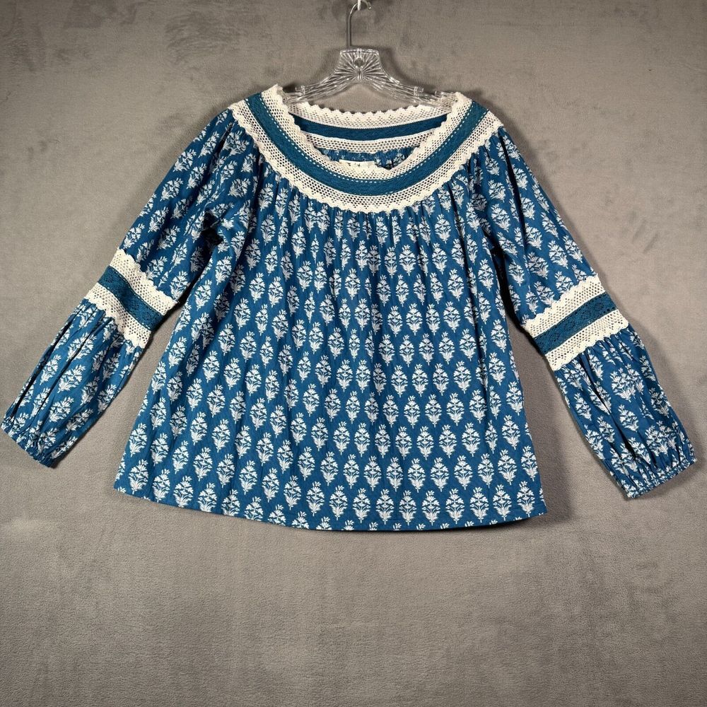 Solitaire Blouse Womens S Blue White Crochet Off The Shoulder Peasant Boho NEW